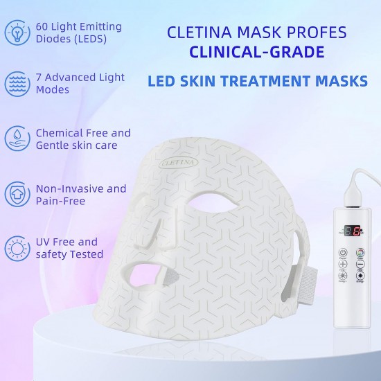 CLETINA Led Face Mask Light Therapy, Flexible Silicone 7 Colors Light,Portable Anti-Aging LED MASK, Red & Blue Light Therapy for Wrinkles, Rejuvenation & Tightening,Wrinkle Reduction